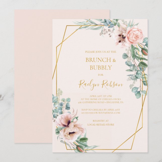 Convite Blush Floral | Pastel Brunch e Chá espumante (Frente/Verso)