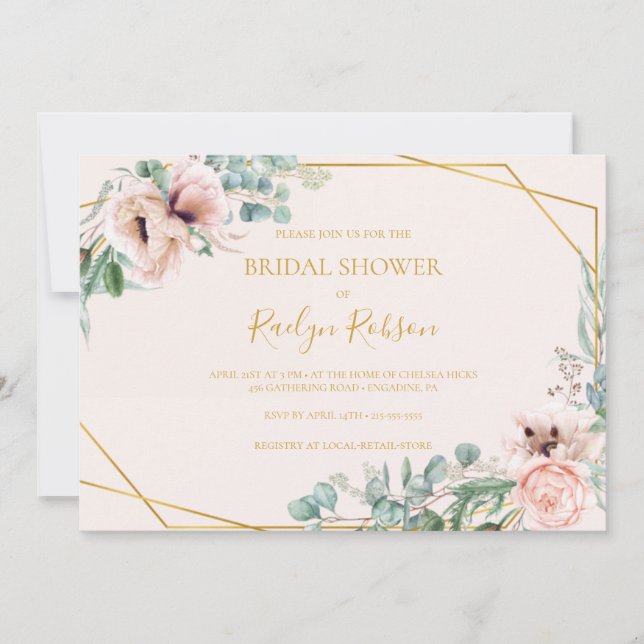 Convite Blush Floral | Pastel Chá de panela horizontal (Frente)