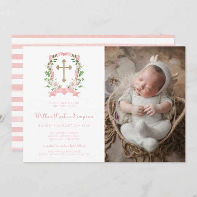 Convite Blush Floral Photo Baptism (Frente/Verso)