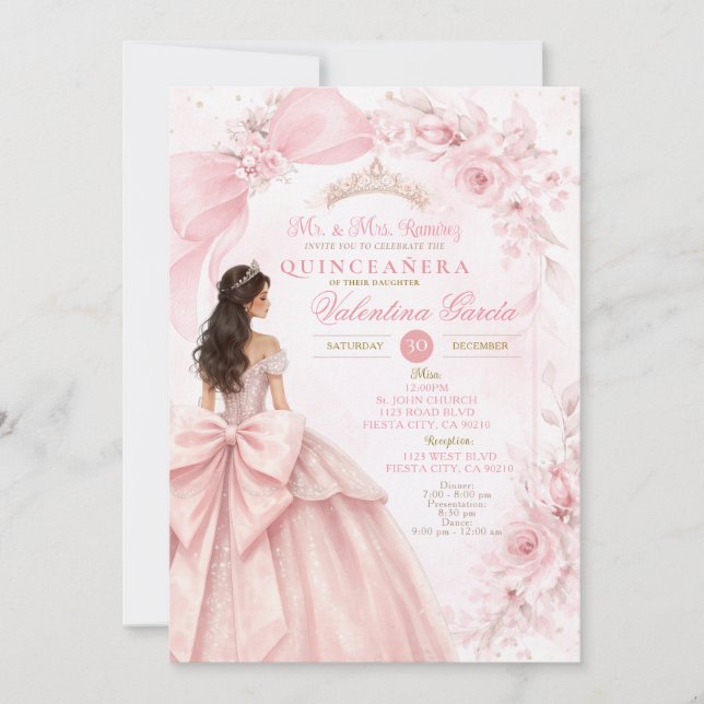 Convite Blush Floral Pink Quinceañera Invitation (Frente)