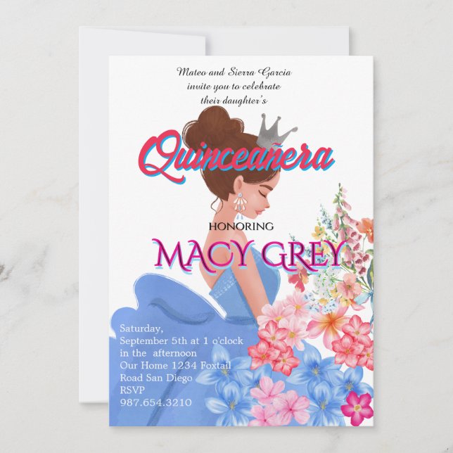 Convite Blush Floral Quinceañera 15th Birthday Invitation  (Frente)