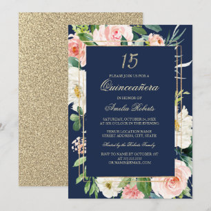 Convite Blush Floral Quinceanera com Brilho Dourado