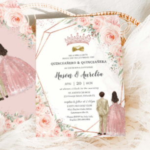 Convite Blush Floral Rosa Dourado Gêmeos Menino Menina Qui