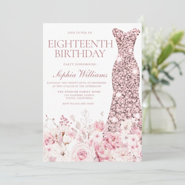 Convite Blush Floral & Rose Gold Dress 18th Birthday Party (Em pé/Frente)