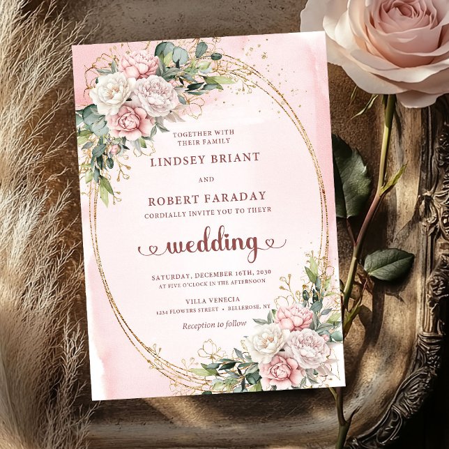 Convite Blush Floral Rose Gold Modern Greenery Wedding  (Blush Floral Rose Gold Modern Greenery Wedding Invite)