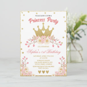 Convite Blush Floral Royal Crown Princess Festa de anivers