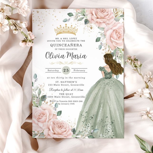 Convite Blush Floral Sage Green Princess Quinceañera (pastel-soft-blush-pink-floral-roses-gold-sage-green-princess-dress-sweet-16-birthday-xv-invitation)