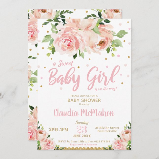 Convite Blush Floral Sweet Baby Girl Chá Rosa e Dourada (Frente/Verso)