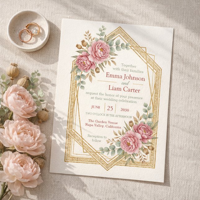 Convite Blush Floral Watercolor Roses & Eucalyptus Wedding (Elegant Blush Floral Watercolor Roses & Eucalyptus Wedding Invitation)