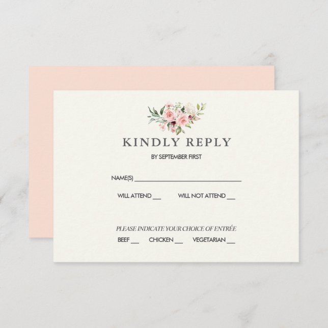 Convite Blush Floral Wedding RSVP Card - Cream (Frente/Verso)