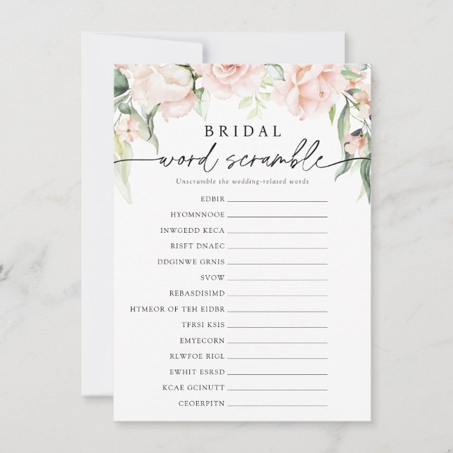Convite Blush Florals Bridal Word Scramble Game Card (Frente)