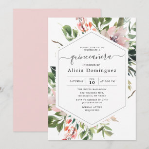 Convite Blush Florals & Greenery Watercolor Quinceañera