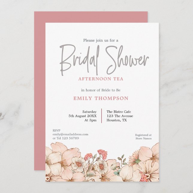 Convite Blush Florals Script Chá de panela Chamada de Tea (Frente/Verso)