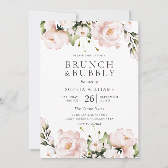 Convite Blush Flowers Brunch e Chá de panela Borracha (Frente)