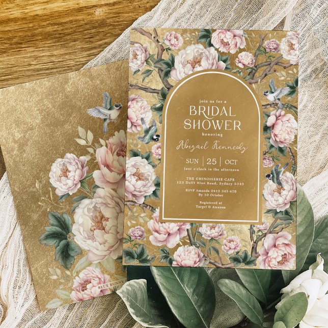 Convite Blush Gold Chinoiserie Peony Floral Bridal Shower (Criador carregado)