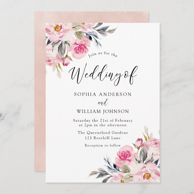 Convite Blush & Greenery: Casamento Floral de Watercolor (Frente/Verso)
