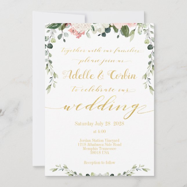 Convite Blush Greenery e Calliografia Dourada Casamento (Frente)
