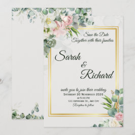 Convite Blush Greenery Gold Frame Wedding Invitation