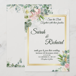 Convite Blush Greenery Gold Frame Wedding Invitation