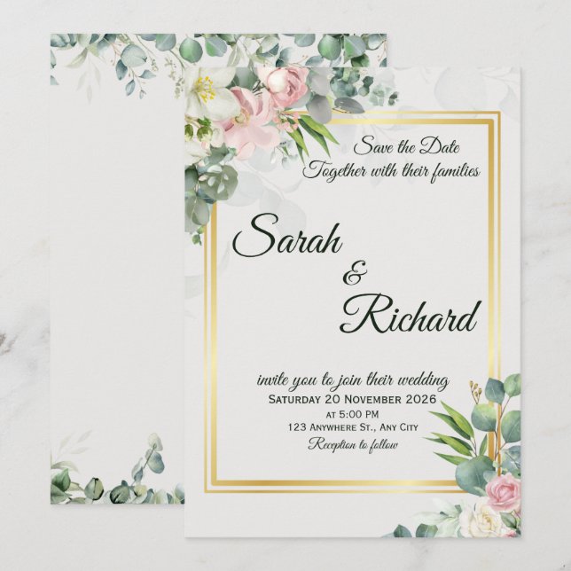 Convite Blush Greenery Gold Frame Wedding Invitation (Frente/Verso)