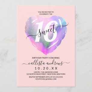 Convite Blush Holographic Foil Heart Balon Sweet 16