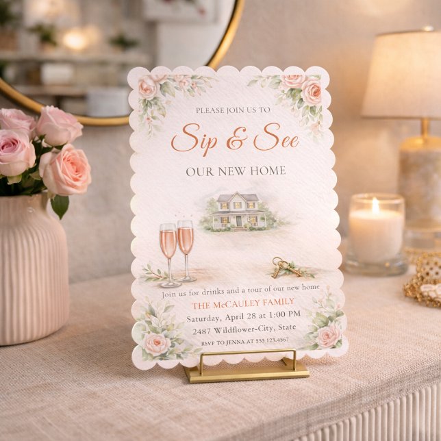 Convite Blush Home Gathering Invitation (Blush floral home gathering with champagne toast, soft greenery, and new home tour details)