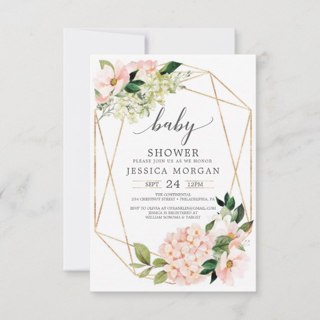 Convite Blush Hydrangea Baby Shower Invasões (Frente)