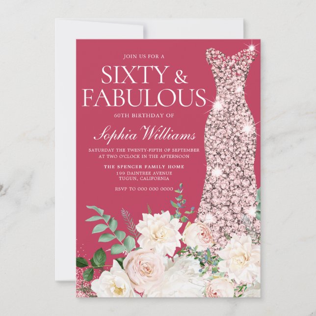 Convite Blush & Ivory, Rosa Dourado e Magenta 60º aniversá (Frente)