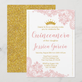 Convite Blush Lace e Glitter Dourada Princesa Quinceañera