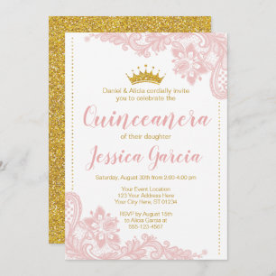 Convite Blush Lace e Glitter Dourada Princesa Quinceañera