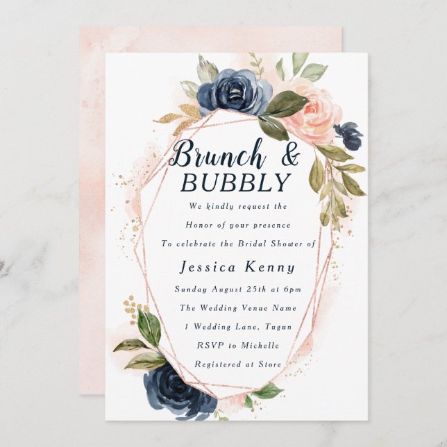 Convite Blush Marinho Geométrico Brunch e Bubble (Frente/Verso)
