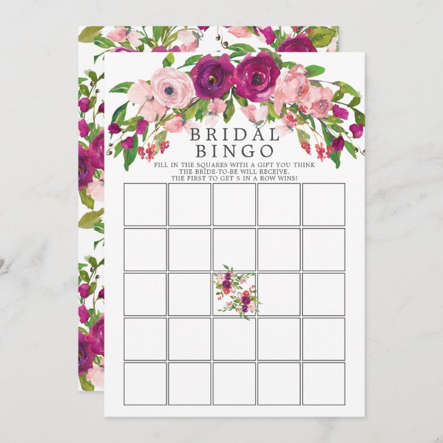 Convite Blush Marsala - Chá de panela Floral - Jogo Bingo (Frente/Verso)