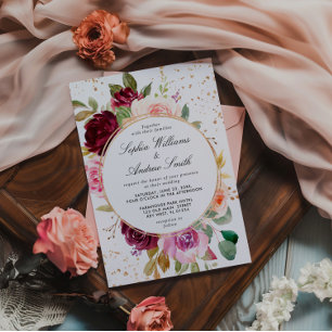 Convite Blush Marsala Rosas e Dourado Casamento de Pontos