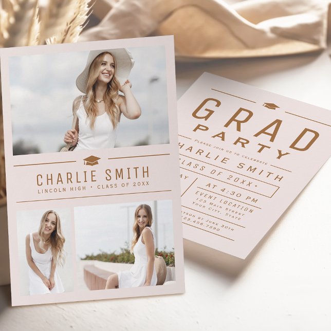 Convite Blush Modern Typografia 3 Fotografia Festa de form (Blush Modern Typography 3 Photo Graduation Party Invitation)