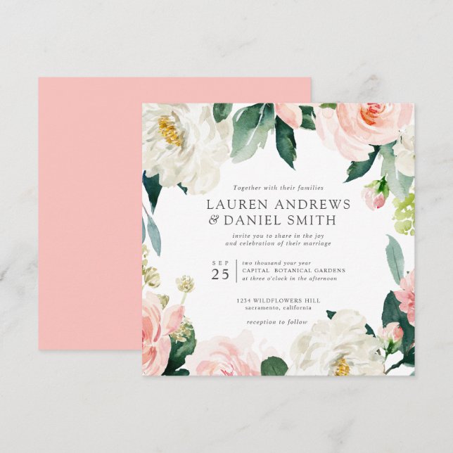 Convite Blush Moderno | Casamento Chic Botanical Garland (Frente/Verso)