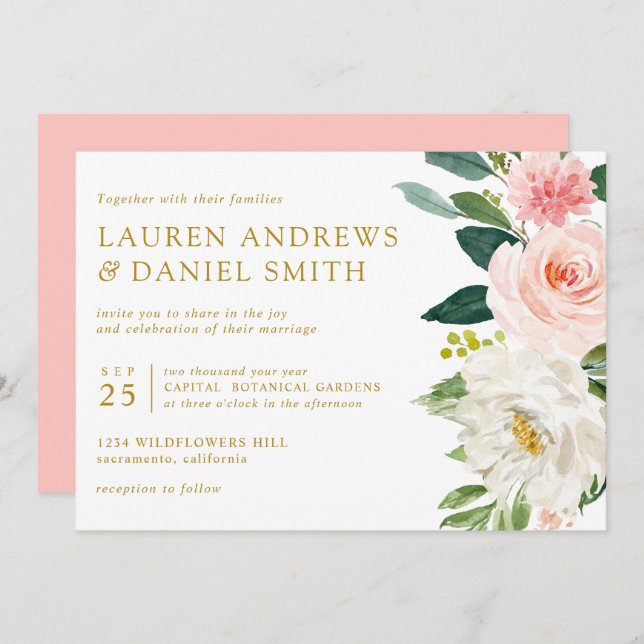 Convite Blush Moderno | Casamento Dourado de Chic Botanica (Frente/Verso)