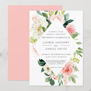Convite Blush Moderno  Casamento Floral Rosa de Diamante C