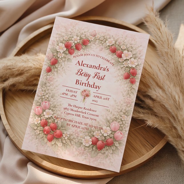 Convite Blush Morango Vintage Jardim 1º Aniversário (Criador carregado)
