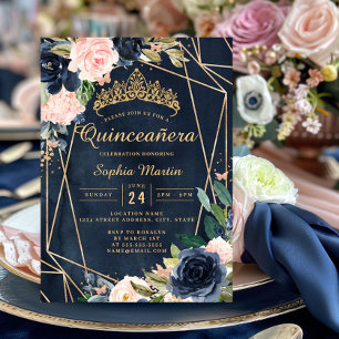Convite Blush Naval Floral Borboleta Geométrico Quinceaner