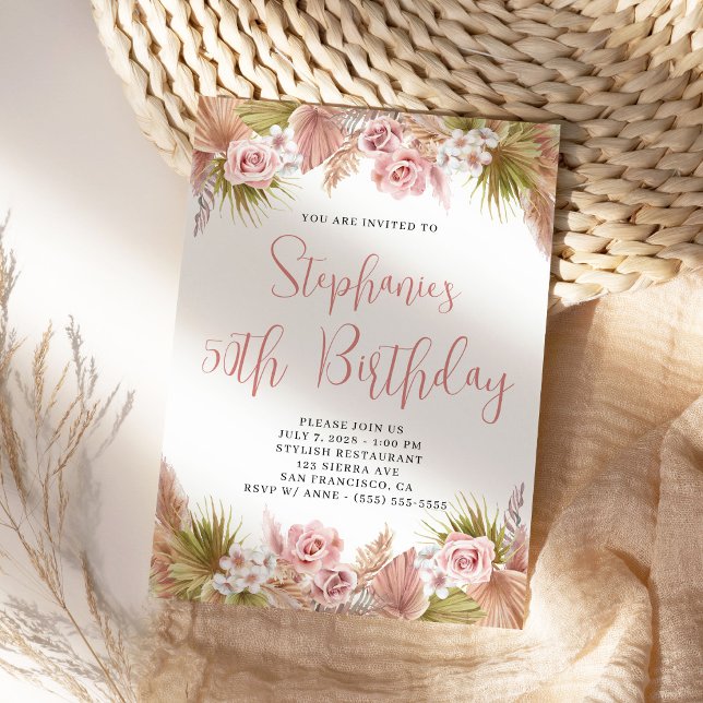 Convite Blush Pampas Grass Boho Floral Birday (Boho Blush Floral Birthday Invite)