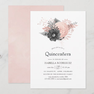 Convite Blush Pastel Rosa e Floral Charcoal Quinceañera