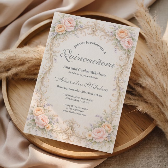 Convite Blush Peach Barroco Quinceañera (Criador carregado)