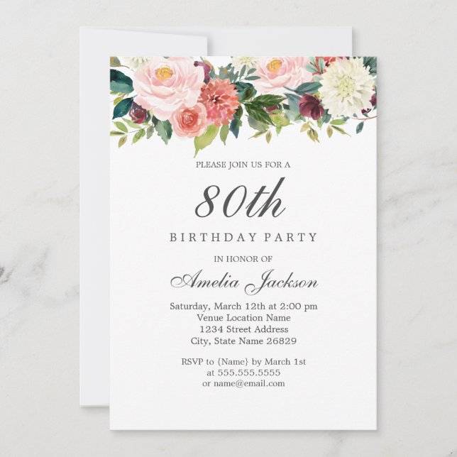 Convite Blush Peach Botânico Floral 80º Aniversário (Frente)