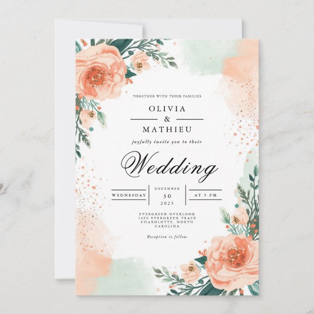 Convite Blush Peach Floral Elegance Weding (Frente)