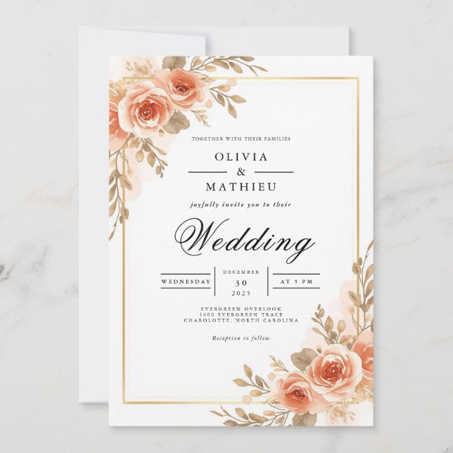 Convite Blush Peach Floral Frame Wedding (Frente)