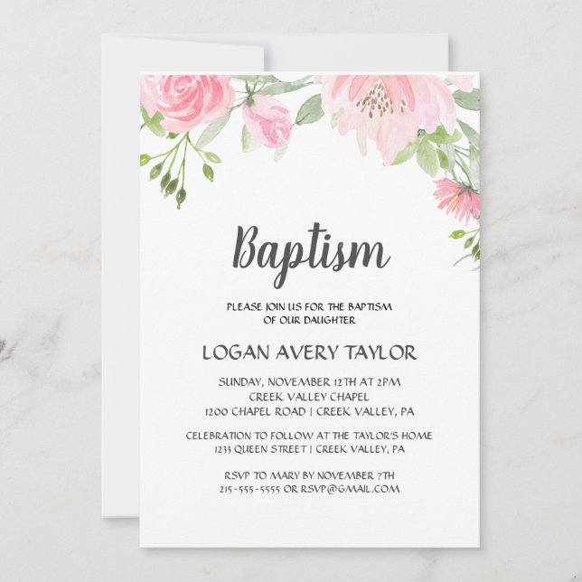 Convite Blush Peonies Baptism (Frente)