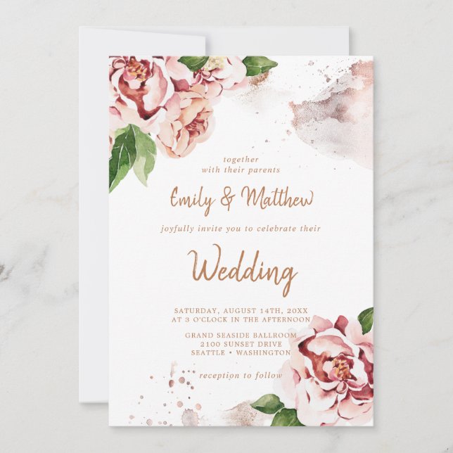 Convite Blush Peonies Modern Abstrato Faux Glitter Weding (Frente)