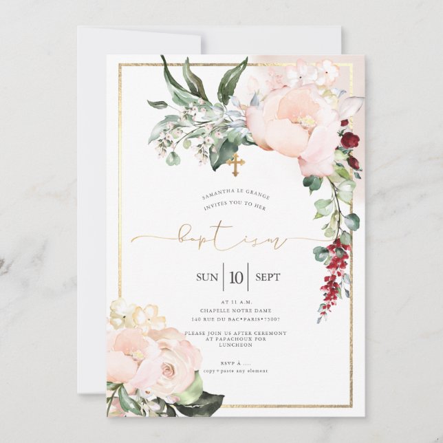 Convite Blush Peonies Watercolor Flowers Baptism (Frente)