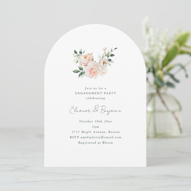 Convite Blush Peony Floral Arch Minimal Engagement Party (Em pé/Frente)