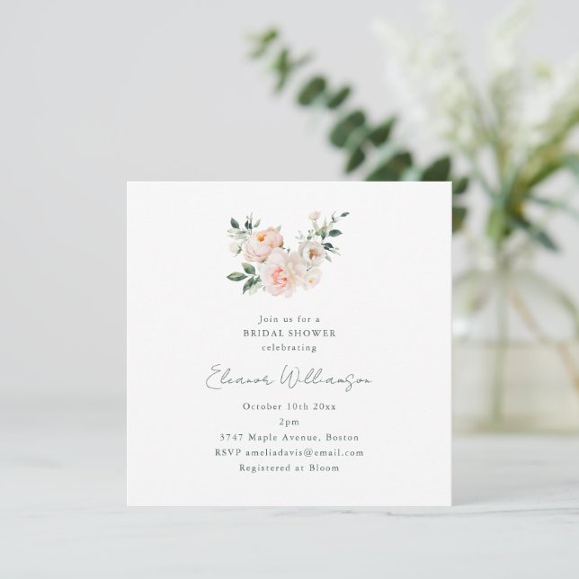 Convite Blush Peony Floral Square Minimalist Bridal Shower (Em pé/Frente)